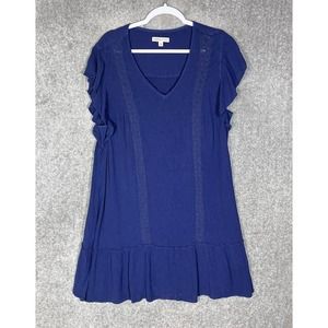 Frye & Co Short‎ Ruffle Sleeve V-Neck Crinkle Lined Dress Womens Size XL Blue